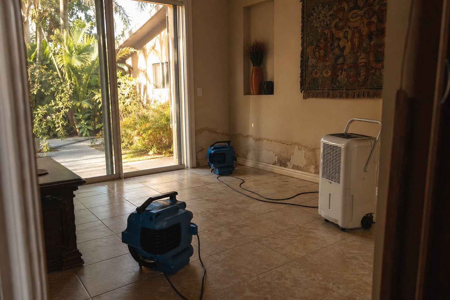 Industrial air movers and a commercial dehumidifier running in a Sarasota living room after water damage, tropical vegetation visible through sliding glass doors