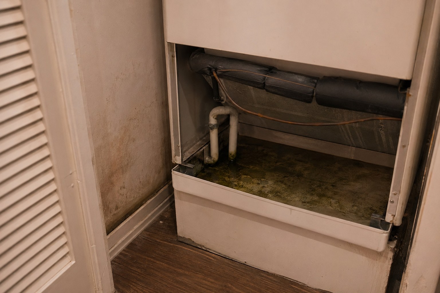 Residential AC air handler drain pan with algae growth and standing water in a Florida home utility closet