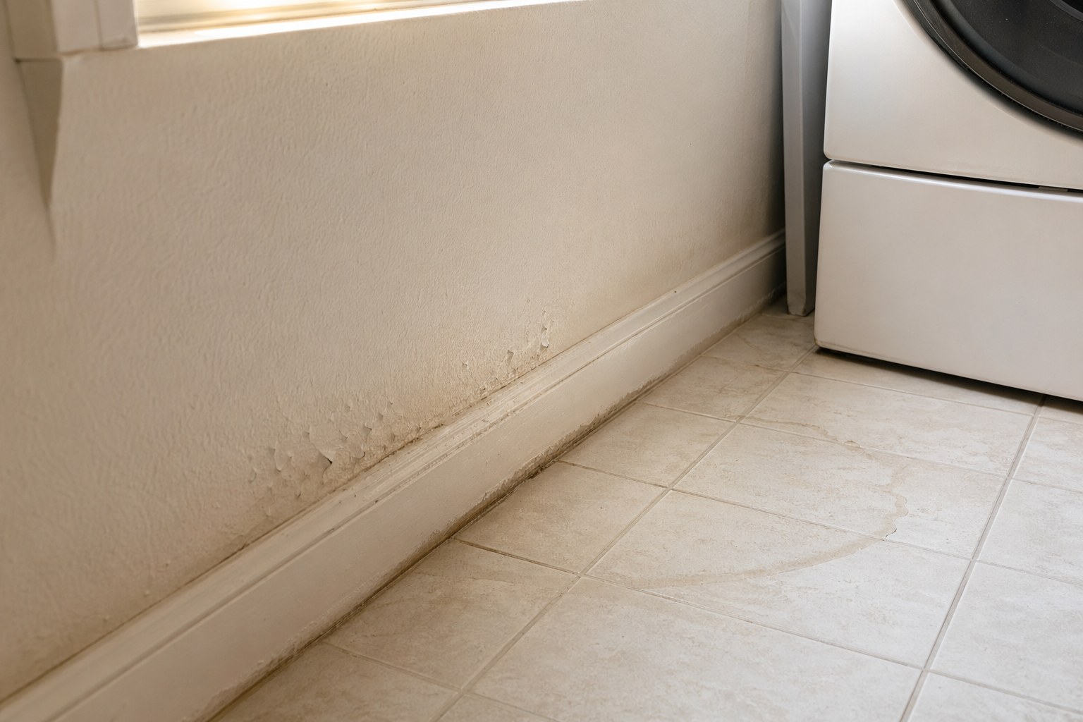 Dark mold staining on baseboards and tile floor near a front-load washer in a Florida laundry room