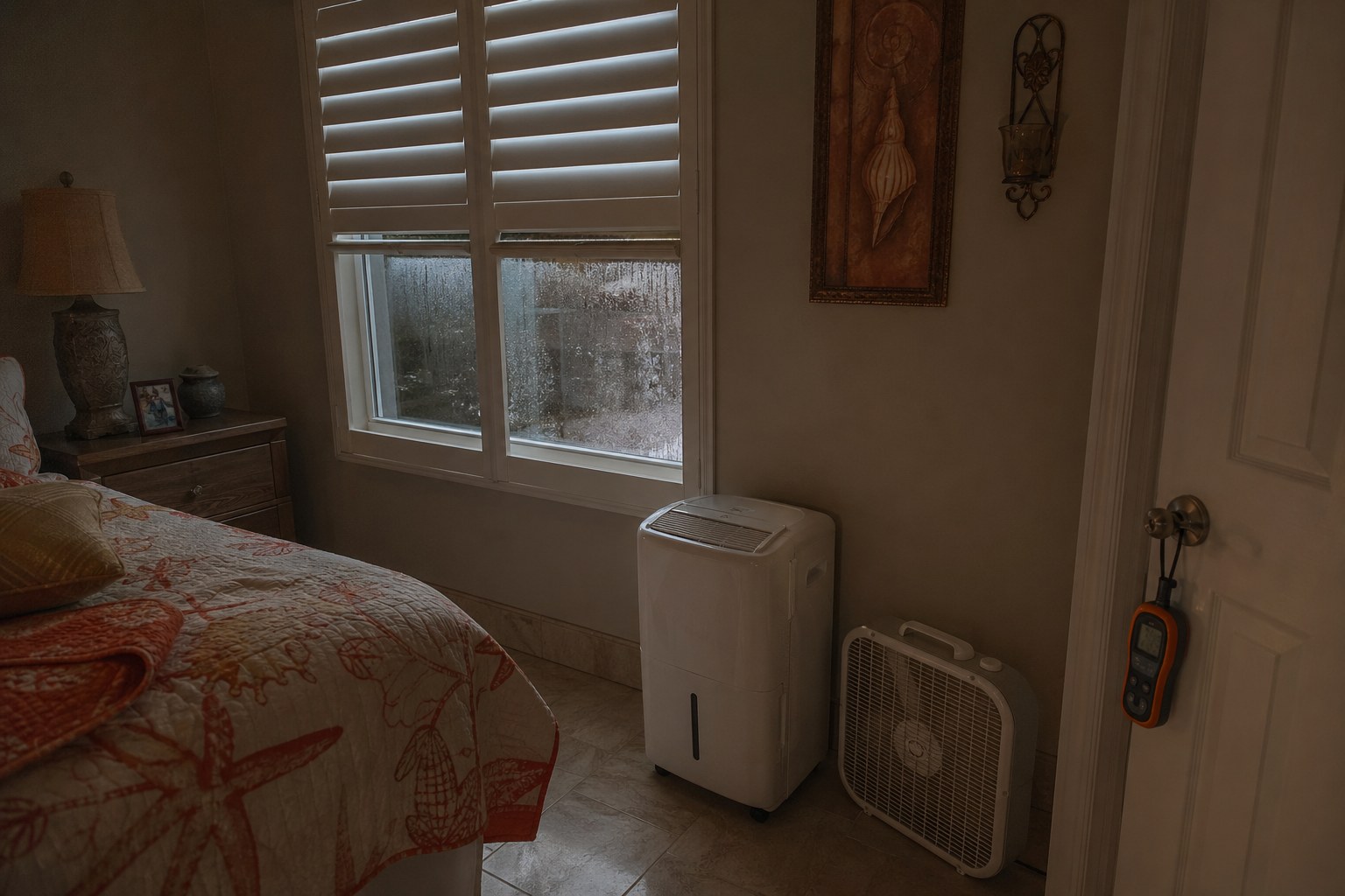 Portable dehumidifier and box fan running in a closed Florida bedroom with plantation shutters and condensation on the window