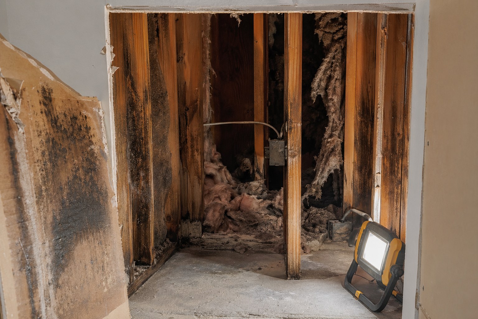 Open wall cavity showing mold-stained studs and removed insulation during drywall remediation