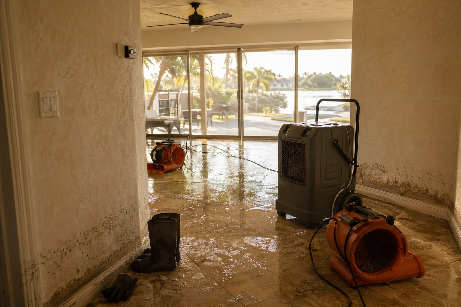 Flooded Sarasota living room with air movers and dehumidifier staged for water damage restoration